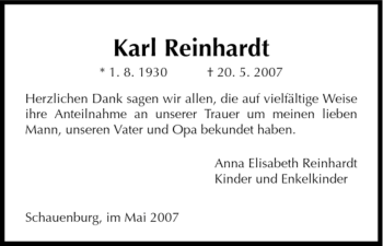 Todesanzeige von Karl Reinhardt von HNA