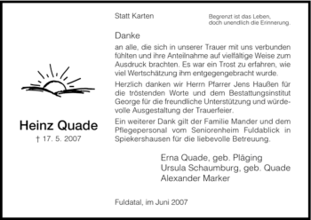 Todesanzeige von Heinz Quade von HNA