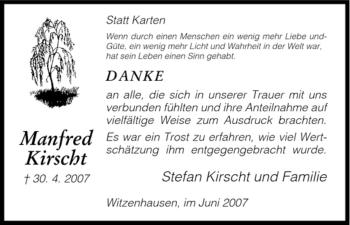 Todesanzeige von Manfred Kirscht von HNA