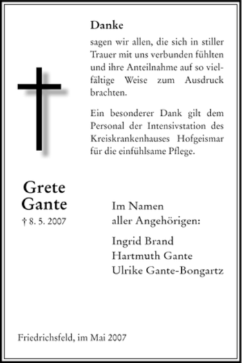 Todesanzeige von Grete Gante von HNA
