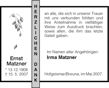 Todesanzeige von Ernst Matzner von HNA