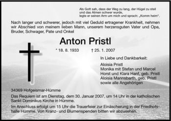 Todesanzeige von Anton Pristl von HNA