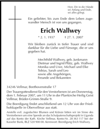 Todesanzeige von Erich Wallwey von HNA