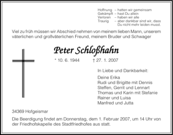 Todesanzeige von Peter Schlosshahn von HNA