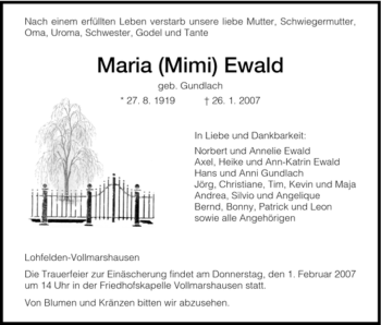 Todesanzeige von Maria Ewald von HNA