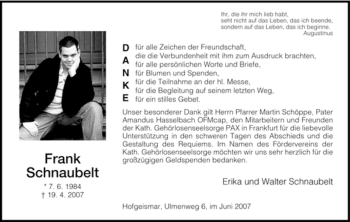 Todesanzeige von Frank Schnaubelt von HNA