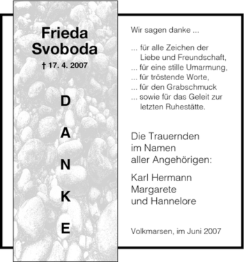 Todesanzeige von Frieda Svoboda von HNA
