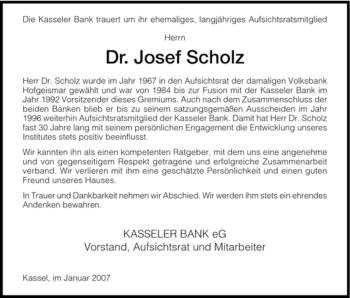Todesanzeige von Josef Scholz von HNA