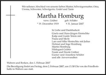 Todesanzeige von Martha Homburg von HNA