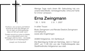 Todesanzeige von Erna Zwingmann von HNA