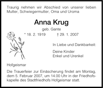 Todesanzeige von Anna Krug von HNA