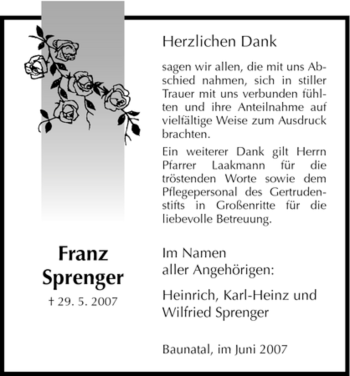 Todesanzeige von Franz Sprenger von HNA