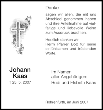 Todesanzeige von Johann Kaas von HNA