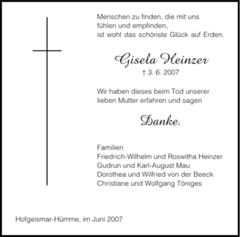 Todesanzeige von Gisela Heinzer von HNA