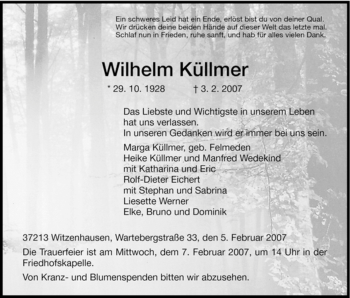 Todesanzeige von Wilhelm Kuellmer von HNA
