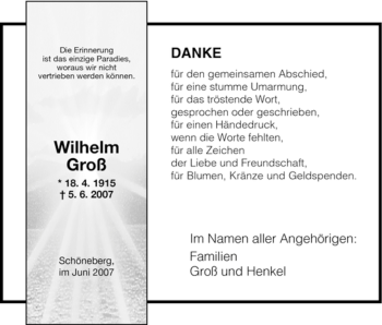 Todesanzeige von Wilhelm Groß von HNA