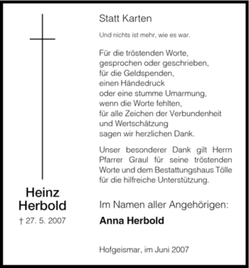 Todesanzeige von Heinz Herbold von HNA