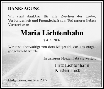 Todesanzeige von Maria Lichtenhahn von HNA