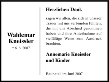 Todesanzeige von Waldemar Kneissler von HNA