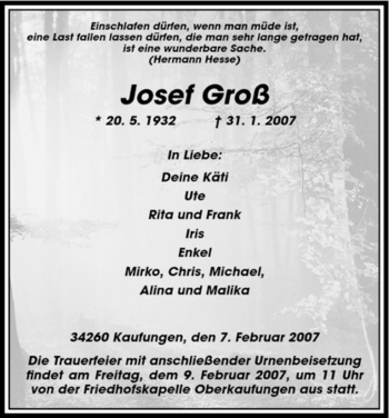 Todesanzeige von Josef Gross von HNA
