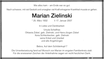 Todesanzeige von Maria Zielinski von HNA