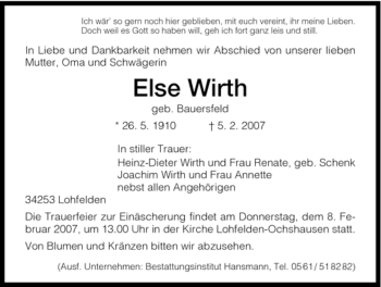 Todesanzeige von Else Wirth von HNA