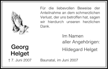 Todesanzeige von Georg Helget von HNA
