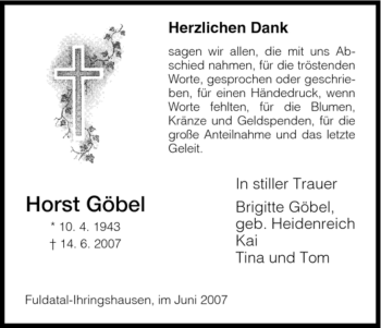 Todesanzeige von Horst Göbel von HNA