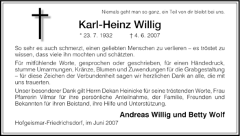 Todesanzeige von Karl-Heinz Willig von HNA