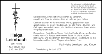 Todesanzeige von Helga Leimbach von HNA
