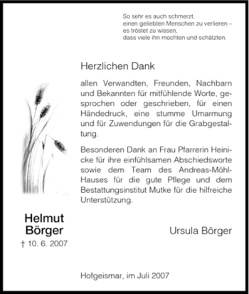 Todesanzeige von Helmut Börger von HNA