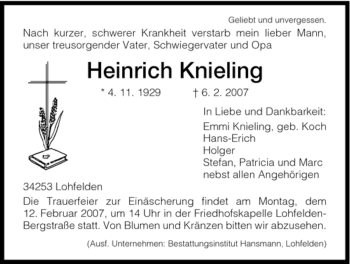 Todesanzeige von Heinrich Knieling von HNA