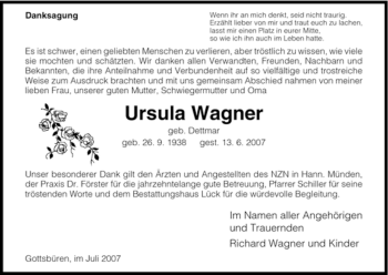 Todesanzeige von Ursula Wagner von HNA