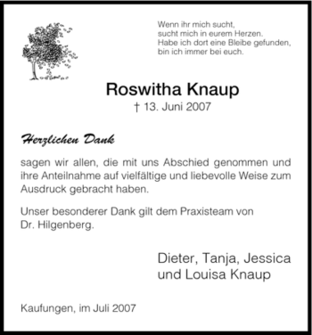 Todesanzeige von Roswitha Knaup von HNA