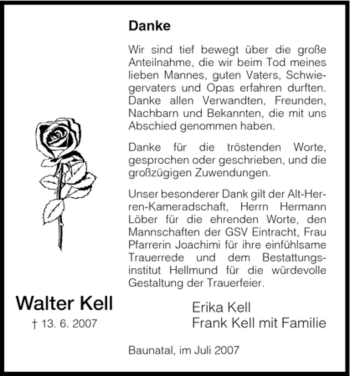 Todesanzeige von Walter Kell von HNA