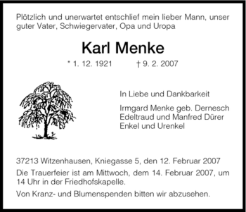 Todesanzeige von Karl Menke von HNA