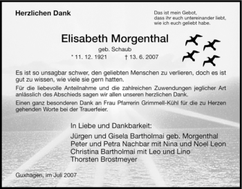 Todesanzeige von Elisabeth Morgenthal von HNA