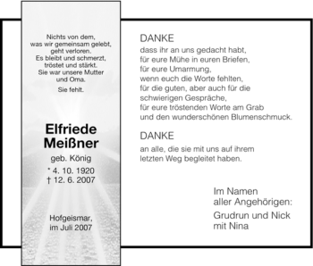 Todesanzeige von Elfriede Meißner von HNA