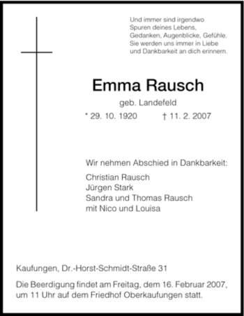 Todesanzeige von Emma Rausch von HNA