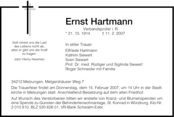 Todesanzeige von Ernst Hartmann von HNA