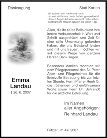Todesanzeige von Emma Landau von HNA