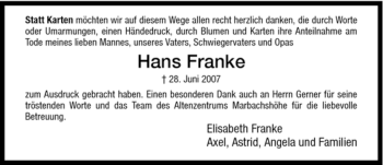Todesanzeige von Hans Franke von HNA