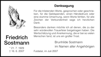 Todesanzeige von Friedrich Sostmann von HNA