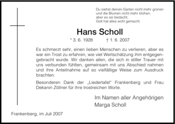 Todesanzeige von Hans Scholl von HNA