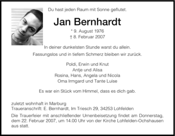 Todesanzeige von Jan Bernhardt von HNA