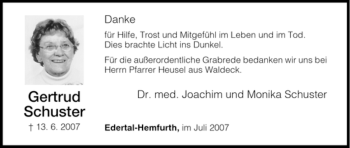 Todesanzeige von Gertrud Schuster von HNA