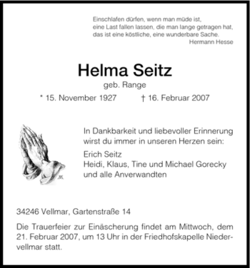 Todesanzeige von Helma Seitz von HNA