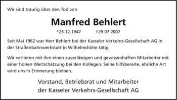 Todesanzeige von Manfred Behlert von HNA