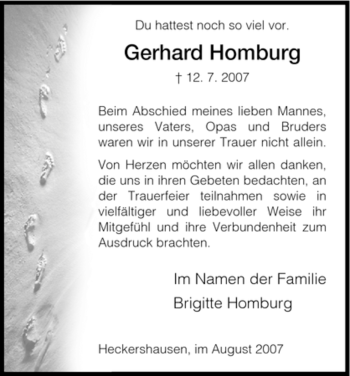 Todesanzeige von Gerhard Homburg von HNA