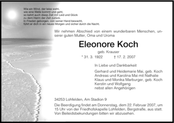 Todesanzeige von Eleonore Koch von HNA